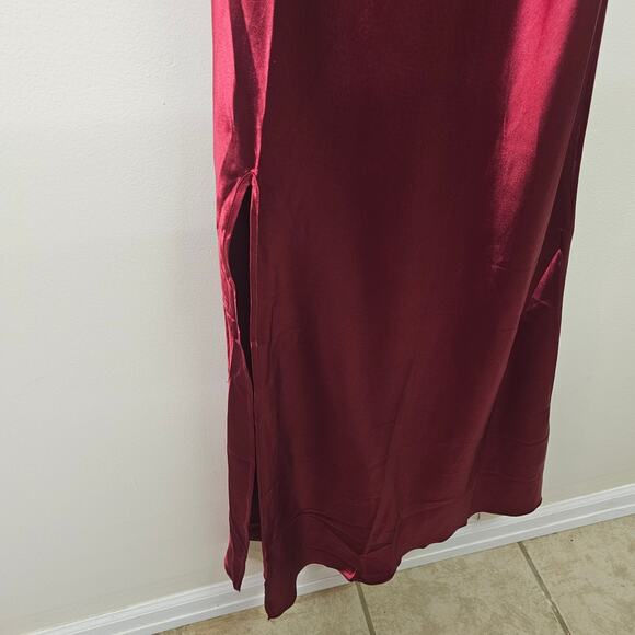Red Satin Cowl Neck Slip Dress with Slit Size XL | Valentine's Day Dress - Picture 3 of 5